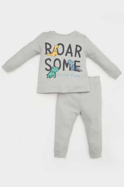 Erkek Bebek Pijama Takımı Dinozor Baskılı Waffle Uzun Kollu Üst Beli Lastikli Uzun Alt