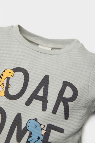 Erkek Bebek Pijama Takımı Dinozor Baskılı Waffle Uzun Kollu Üst Beli Lastikli Uzun Alt