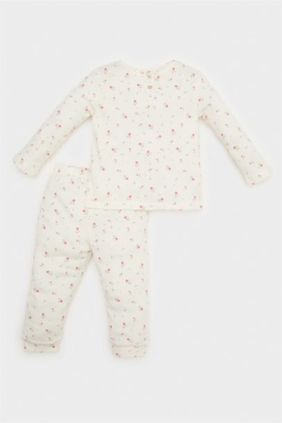 طقم بيجاما بيبي بناتي أبيض فلورال وافل قصة عادية - قطعتين