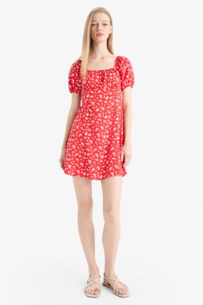 Square Collar Printed Viscose Mini Dress