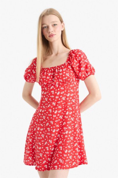 Square Collar Printed Viscose Mini Dress