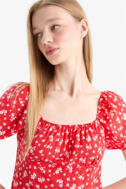 Square Collar Printed Viscose Mini Dress