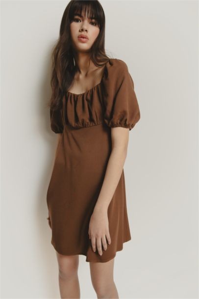 Kare Yaka Keten Karışımlı Kısa Kollu Midi Yazlık Elbise