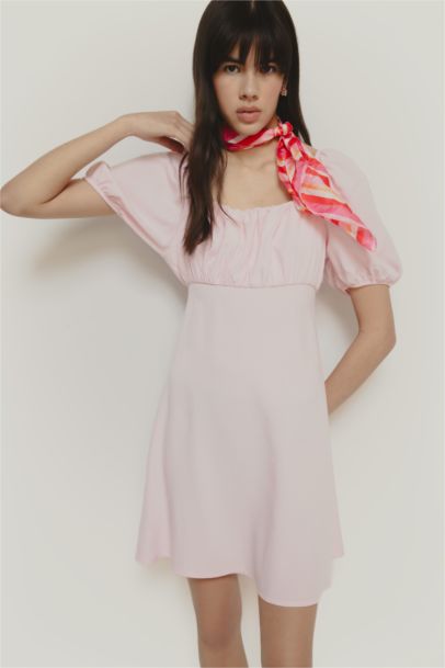 Square Collar Linen Blended Midi Dress