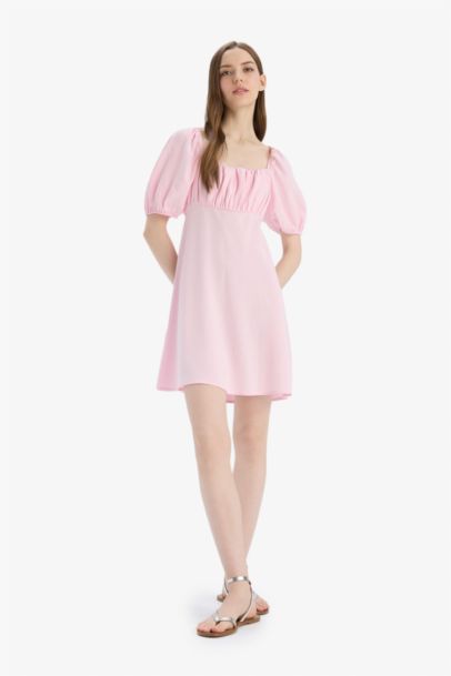 Square Collar Linen Blended Midi Dress