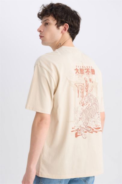 تيشيرت قطن بيج أوفر سايز مطبوع برقبة مستديرة