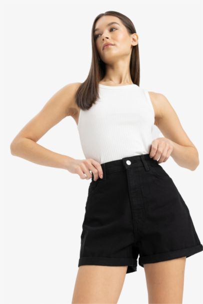 Mom Fit High Waist Double Leg Denim Shorts