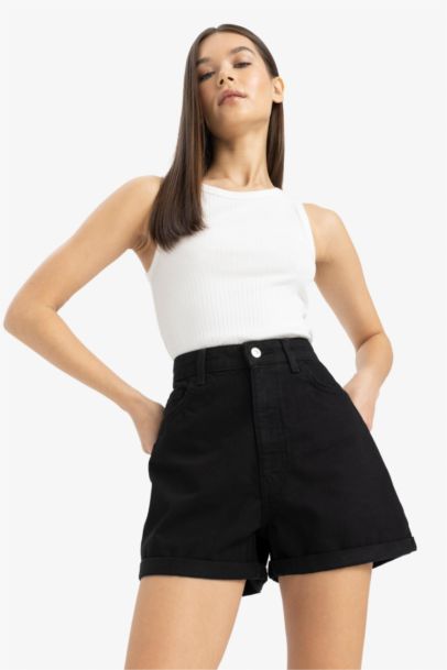Mom Fit High Waist Double Leg Denim Shorts