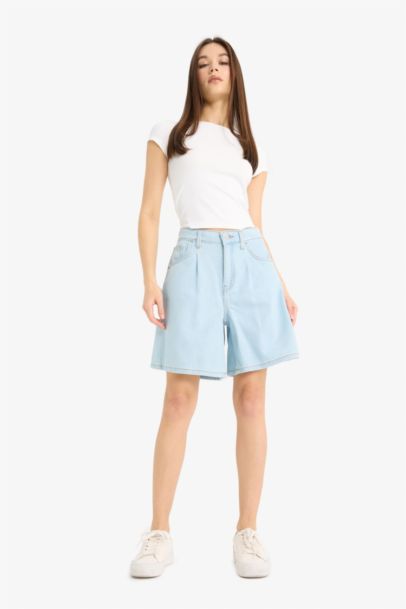 High Waist Soft Denim Bermuda Shorts
