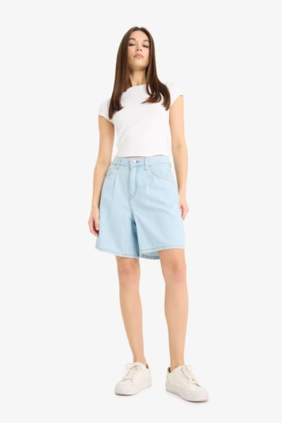 High Waist Soft Denim Bermuda Shorts