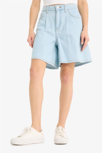 High Waist Soft Denim Bermuda Shorts