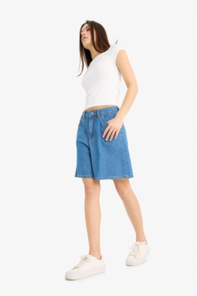 High Waist Soft Denim Bermuda Shorts