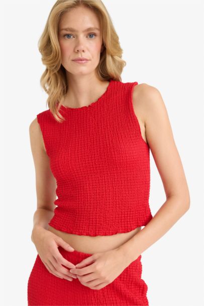 Slim Fit Crew Neck Crepe Blouse