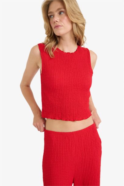 Slim Fit Crew Neck Crepe Blouse