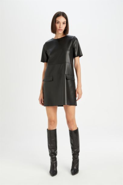 A Cut Round Collar Faux Leather Mini Dress
