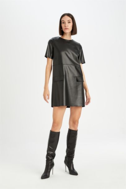 A Cut Round Collar Faux Leather Mini Dress