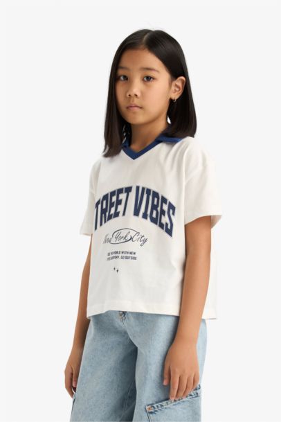 Girl Boxy Fit Slogan Printed Polo T-Shirt