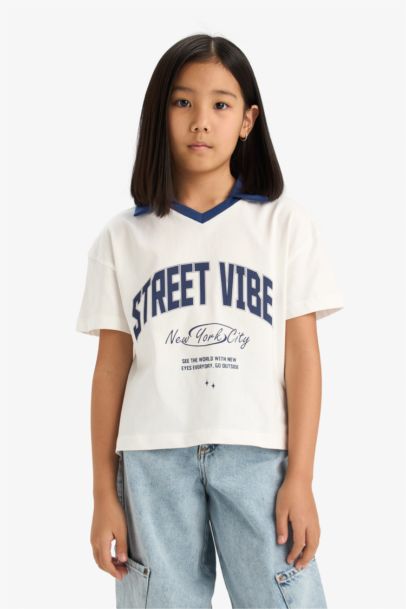 Girl Boxy Fit Slogan Printed Polo T-Shirt