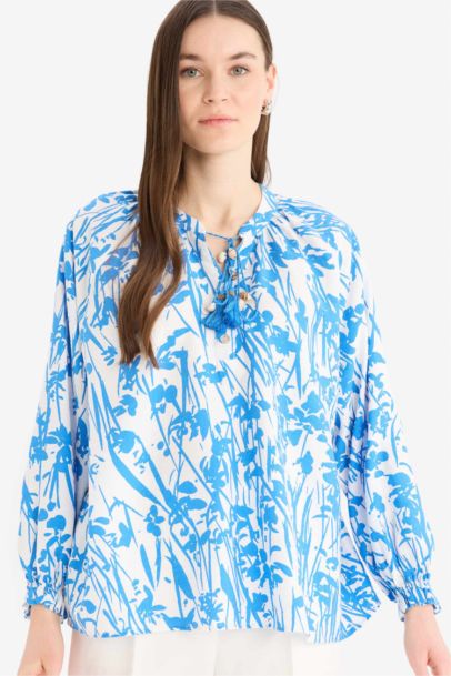 Relax Fit Laced Collar Patterned Long Sleeve Shirt Tunic