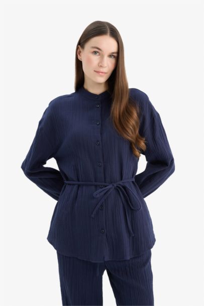 Relax Fit Basic Laced Muslin Long Sleeve Shirt