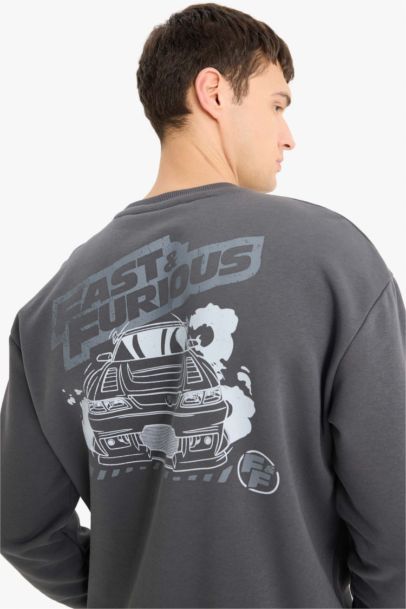 Fast & Furious Boxy Fit Bisiklet Yaka Sırt Baskılı Kalın Sweatshirt