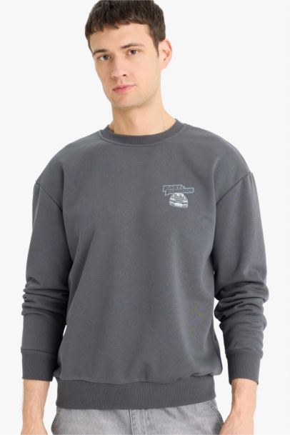 Fast & Furious Boxy Fit Bisiklet Yaka Sırt Baskılı Kalın Sweatshirt