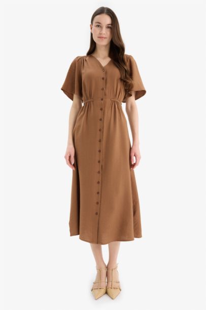 A Kesim V Yaka Kısa Kollu Midi Elbise