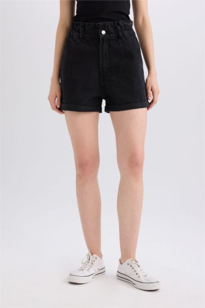 Paperbag High Waist Folded Leg Denim Shorts