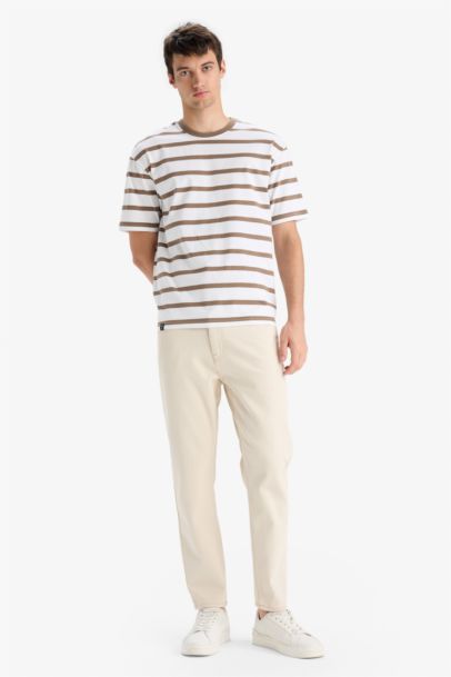 T-shirt boxy en coton rayé à col rond et manches courtes