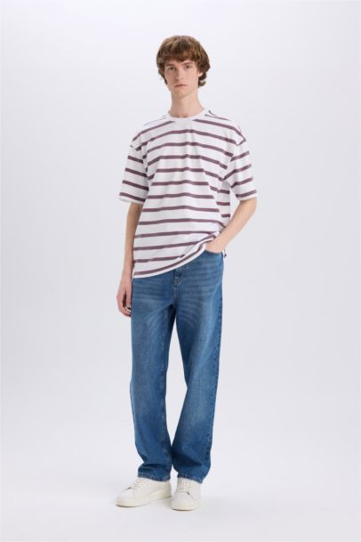 Cotton Boxy Fit Crew Neck Striped T-Shirt