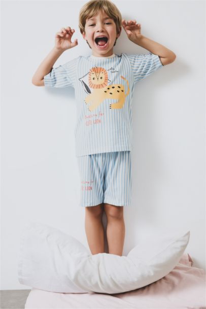 %100 Pamuklu Çizgili Aslan Baskılı Beli Lastikli Pijama Takımı Erkek Bebek