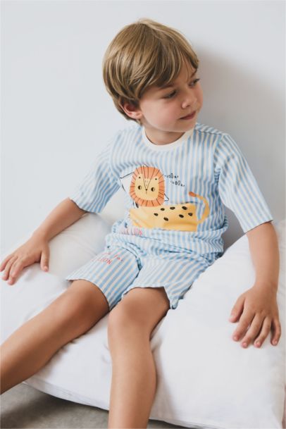 %100 Pamuklu Çizgili Aslan Baskılı Beli Lastikli Pijama Takımı Erkek Bebek