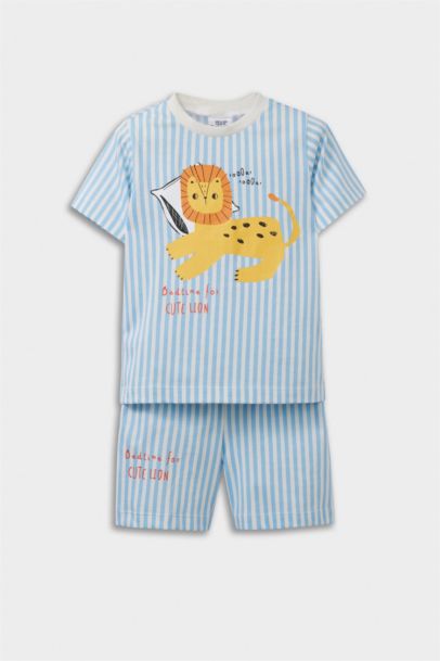 %100 Pamuklu Çizgili Aslan Baskılı Beli Lastikli Pijama Takımı Erkek Bebek