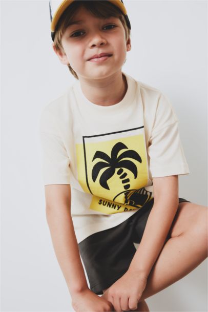 2'li Takım Palmiye Desenli Kısa kollu Tişört Beli Lastikli Şort Erkek Bebek