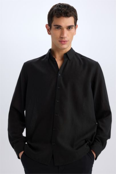 Regular Fit Polo Neck Linen Look Shirt