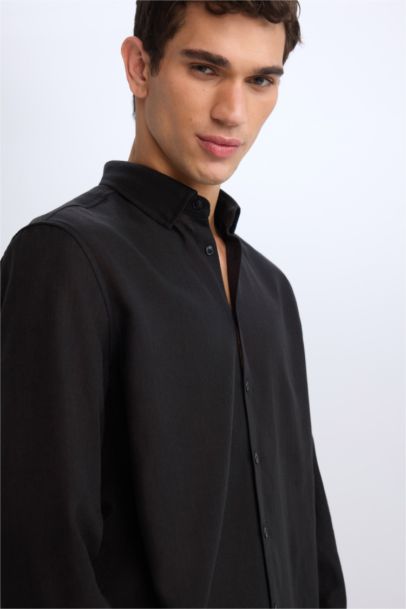 Regular Fit Polo Neck Linen Look Shirt