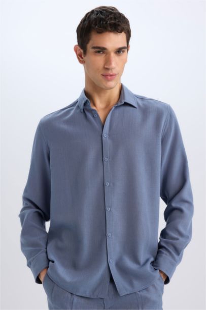 Regular Fit Polo Neck Linen Look Shirt