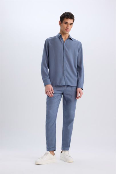 Regular Fit Polo Neck Linen Look Shirt