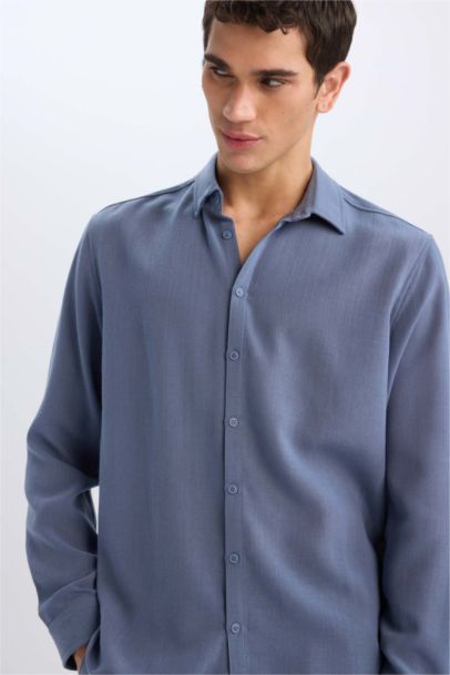 Regular Fit Polo Neck Linen Look Shirt