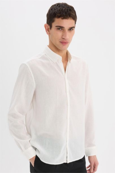 Regular Fit Polo Neck Linen Look Shirt
