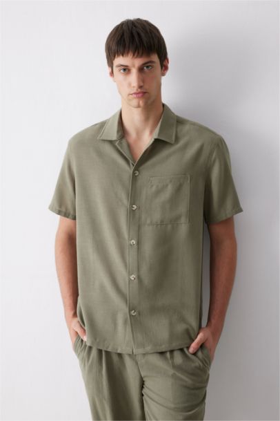 Relax Fit Polo Neck Linen Look Summer Shirt