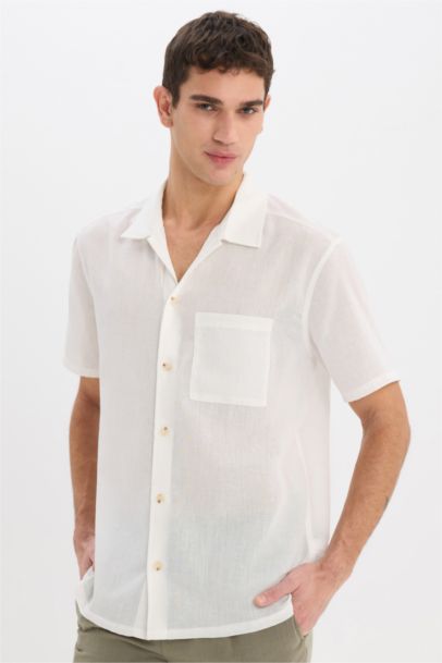 Relax Fit Polo Neck Linen Look Summer White Shirt