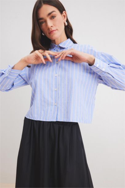 Crop Poplin Shirt Collar Long Sleeve Tunic