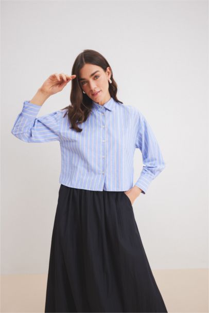 Crop Poplin Shirt Collar Long Sleeve Tunic