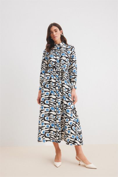 Shirt Collar Patterned Belted Long Sleeve Maxi Dress