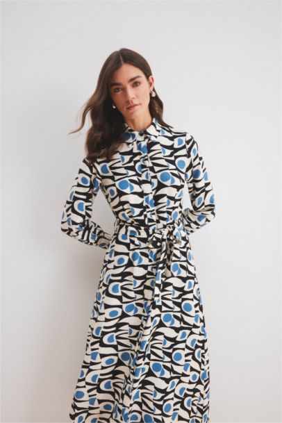 Shirt Collar Patterned Belted Long Sleeve Maxi Dress