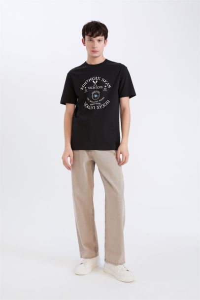 تيشيرت قطن نص كم قصة عادية بحري بياقة مستديرة