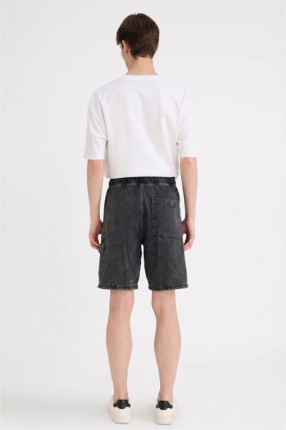 %100 Pamuk Beli Lastikli Loose Fit Rahat Jean Bermuda