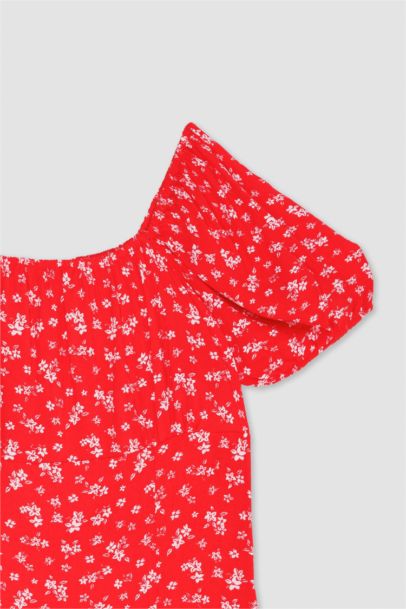 Square Neck Floral Short Sleeve Mini Dress