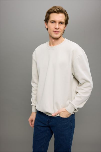 Boxy Fit Crew Neck Basic Pique Sweatshirt